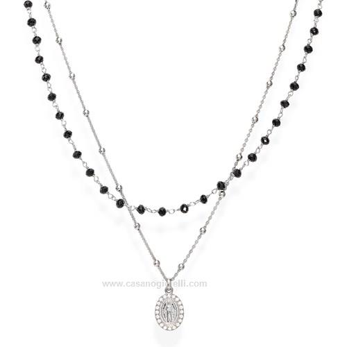 AMEN Collana Medaglia Miracolosa In Argento 925 Dorato Con Zirconi Bianchi E Turchesi - Regalo Donna