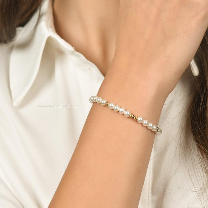 Bracciale Marlù In Acciaio Con Placcatura PVD Oro, A Sfere E Perle, Modello 2BR0071G-W, Regolabile